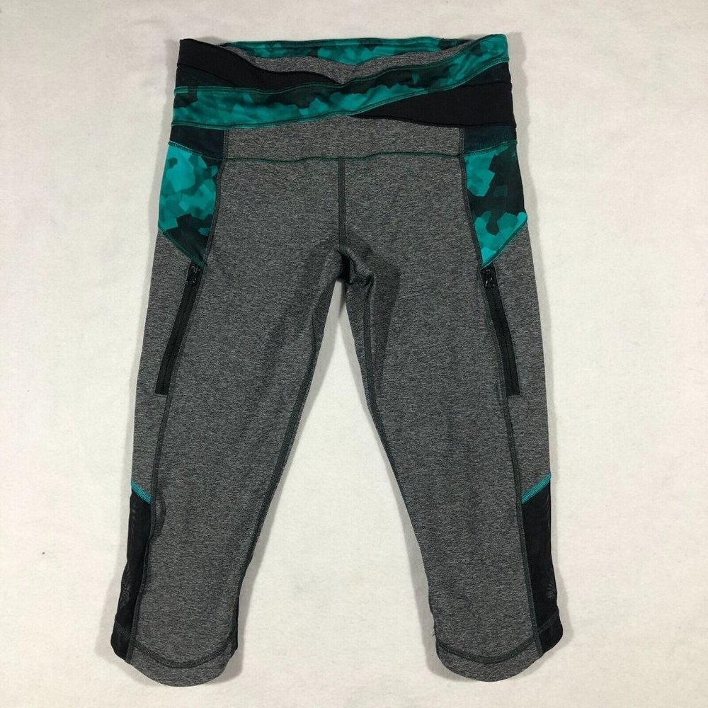 Lululemon Womens 8 Knee Length Gray Multicolor Leggings Mesh Cutouts Active